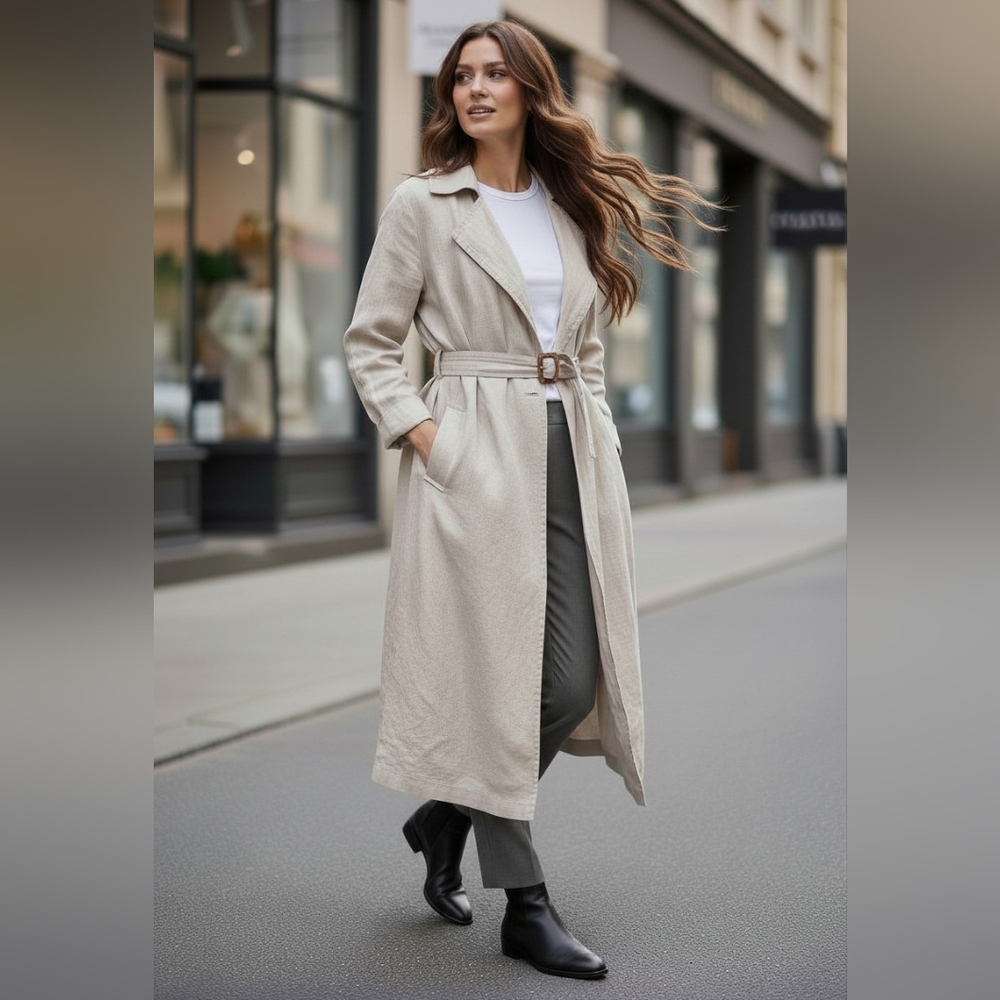Halston 100% Linen Trench Coat in Natural Lightweight Lagenlook XL